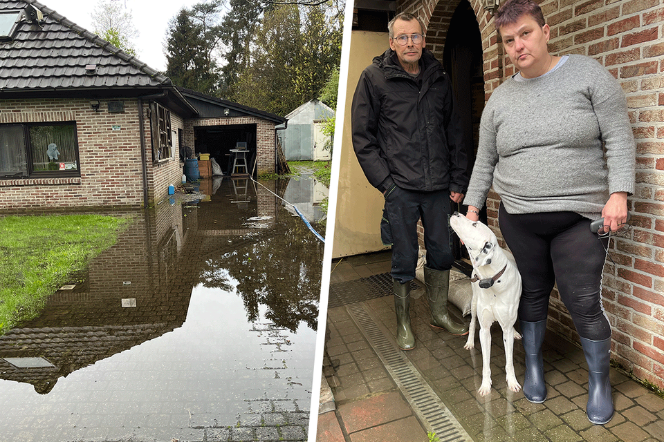 Daniel Van Putte met zijn vrouw Gerthy Van Gaal en hond Marcel. Zandzakjes houden het water niet meer tegen, het komt gewoon uit de grond.