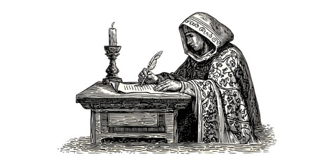 Medieval Monk Writing Manuscript by Candlelight, Depicting Scholarly Pursuit and Historical Religious Study