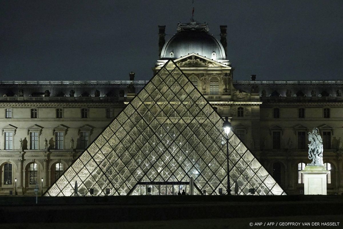 Activisten hangen foto van Andrew na arrestatie op in Louvre.