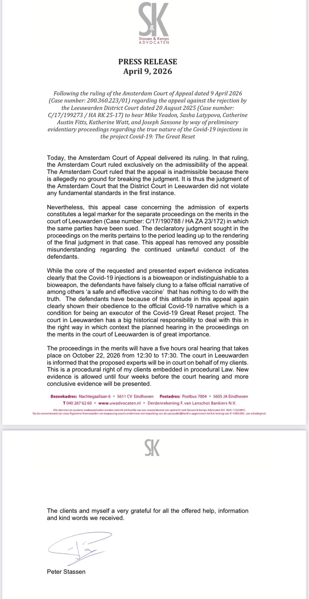 Hof wijst hoger beroep over horen Covid-deskundigen af om procedurele redenen.