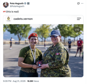 Pete Hegseth maakt hilarische grap over woke Canadezen met epische foto.